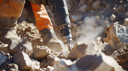 Iron ore miner working with a pneumatic drill to break large rocks. Featuring drilling and rock fragmentation