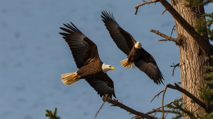 Two bald eagles in flight near tree, nature scene