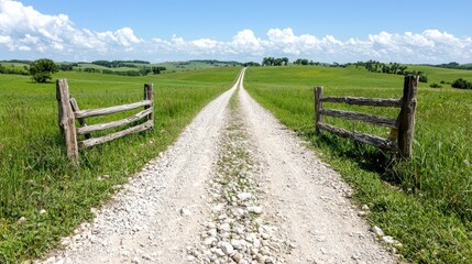 Fototapeta premium Gravel road leads through open wooden gates into rolling green hills under a bright blue sky.