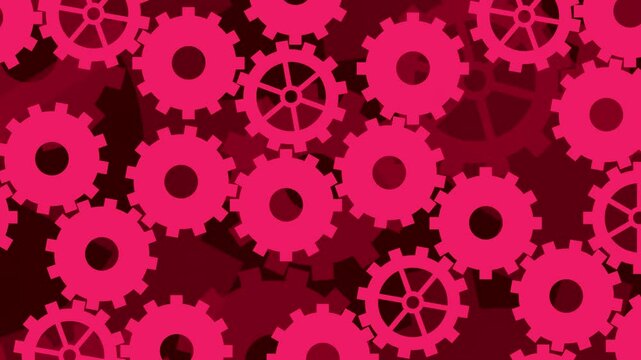 Cartoon Style 2D Red Gears Rotating in a Seamless Mechanical Motion, Symbolizing Industry Teamwork and Problem Solving: 4K Looping Motion Graphics Animation Background for Business Concepts