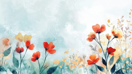 Obraz premium A vibrant display of red and yellow flowers fills the foreground, set against a soft pastel background that creates a calm and peaceful atmosphere