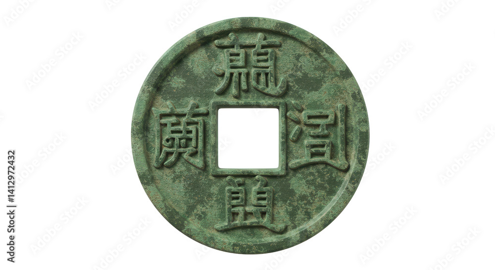 Poster close up of a weathered chinese coin with square hole in center and chinese characters visible on it