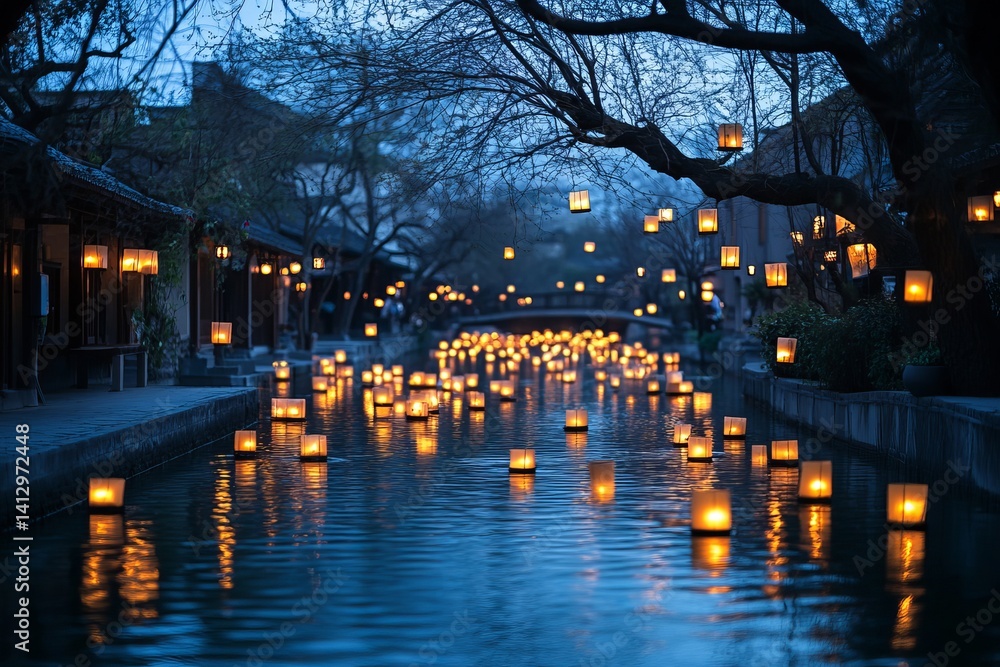 Poster illuminated lanterns floating on a canal at night creating a magical atmosphere in the city scene