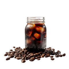 Refreshing cold brew coffee in mason jar with coffee beans bright high-quality photo