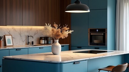 . Interior design of kitchen space with marble island, black chockers, modern lamp, wooden wall, blue kitchen furniture’s.