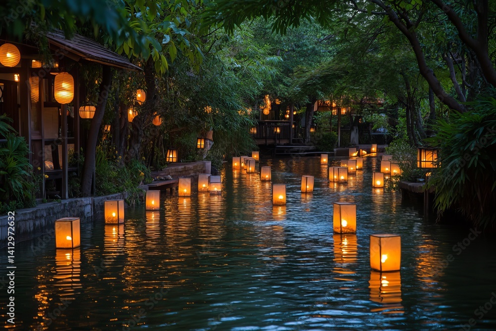 Poster illuminated lanterns floating on a river surrounded by lush greenery at twilight creating a magical 