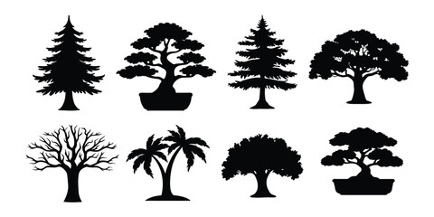 Tree Silhouettes of Various Species  Minimalist Botanical Vector Art in Black and White