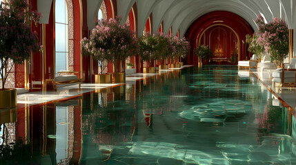<Luxury Resort Pool Interior with Elegant Architecture and Modern Design Featuring Reflection in Water and Tropical Decor>