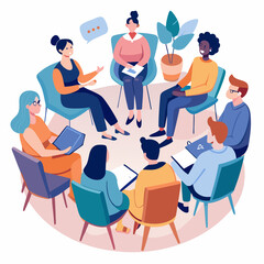 A group of people sitting in a circle, some of them reading books. Scene is one of learning and collaboration