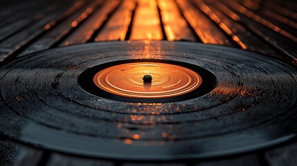 Close-up of a vinyl record on a wooden surface with warm light