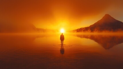 Fototapeta premium Solitary journey into ethereal dawn landscape, human silhouette in golden light