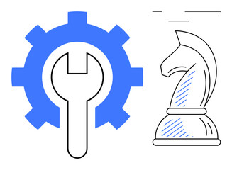 Gear and wrench signify repair and machinery, chess knight symbolizes strategy and planning. Ideal for technology innovation, problem-solving, strategy, engineering, upgrades, software, teamwork