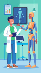 A doctor is talking to a patient in a hospital room. The patient is wearing a blue shirt and has a prosthetic arm. The doctor is wearing a white lab coat and a mask