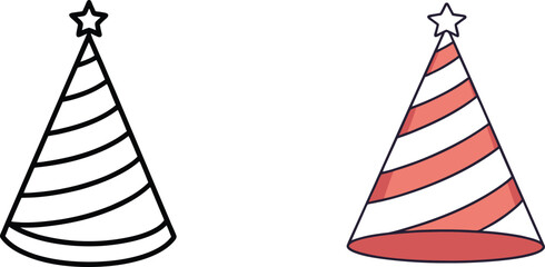 Party Hat Illustrations Set Celebratory Party Decor Striped Cone Shape Design