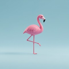 Fototapeta premium Minimalist pink flamingo against blue background for creative design concepts