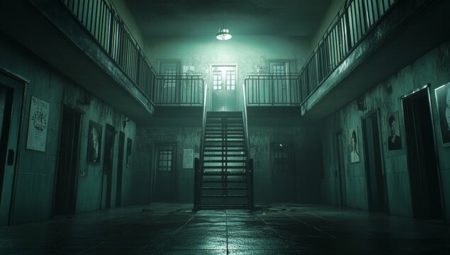 Haunted prison hallway, dimly lit, eerie atmosphere - Powered by Adobe