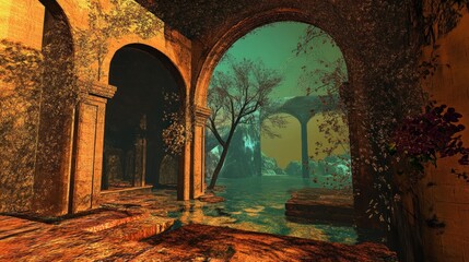 Ruined arches of a mystical, overgrown, ancient structure lead to a tranquil, watery landscape.  A tranquil, serene, and atmospheric interior space.