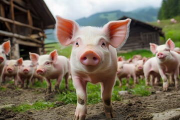 Cute baby pigs gathered on a muddy farm ground near rustic wooden buildings Ultra HD photo