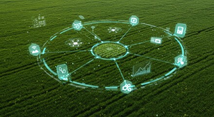 Innovative technology in agriculture: drone and smart farming digital interface on green field