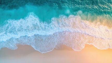 Obraz premium Aerial View of Pristine Turquoise Ocean Waves Gently Caressing White Sandy Beach at Sunrise, Perfect Tropical Vacation Destination