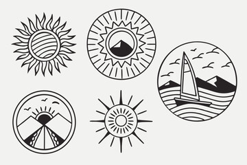 35 Minimalist sun icons, black and white designs, sunrise and sunset symbols, ocean waves, mountain silhouettes, geometric shapes, abstract landscapes, simple line art, circle motifs, horizon illustra