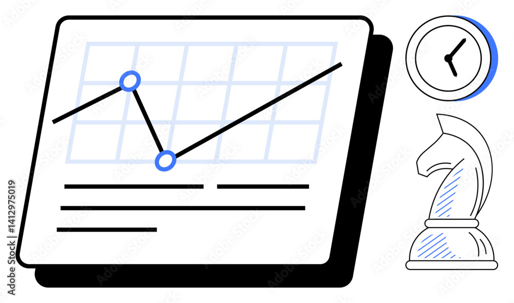 Poster business chart with rising data line, clock symbolizing time management, and chess knight for strate