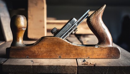 old wooden plane resting on workbench in workshop
