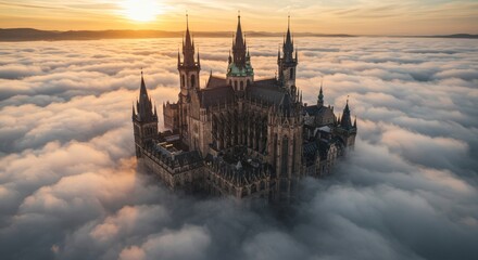 Naklejka premium Aerial View of a Mystical Castle Above the Clouds at Sunset - A majestic gothic castle, perched high above a sea of clouds, bathed in the warm glow of sunset. Symbolizing fantasy, wonder, isolation