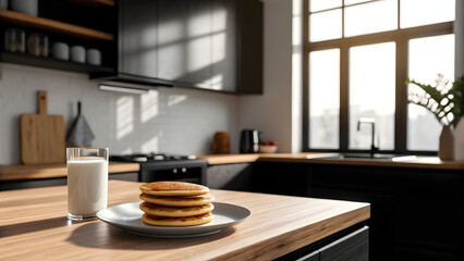 modern kitchen featuring plate of fluffy pancakes and glass of milk, bathed in warm sunlight, creates cozy breakfast atmosphere