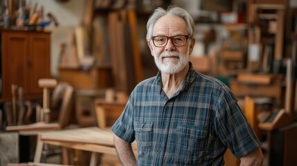 Obraz premium A portrait of an elderly Caucasian man with a gray beard, wearing glasses, standing confidently in a cozy workshop filled with wooden artifacts and tools.