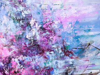 Artistic bright background. Hand-painted surface. Blue and pink background. Brushstrokes of paint with splashes. 
Bright abstract painting.