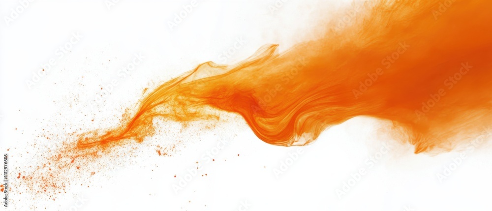Poster abstract orange powder explosion on white background, creating dynamic flow and artistic texture for