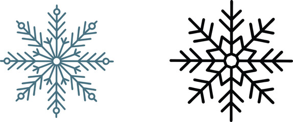 Two Simple Snowflake Icons In Blue And Black Outline Illustration