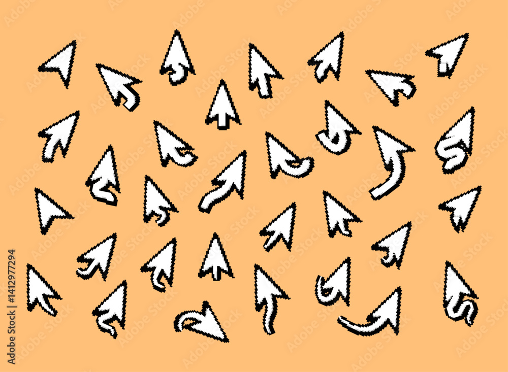 Poster set of arrow cursor pointer collection. modern retro trendy pixel art decoration elements vector ill