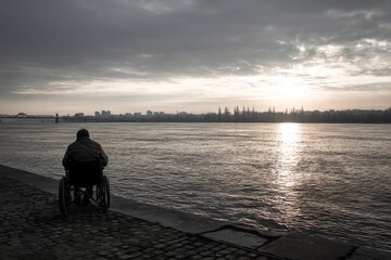 Fototapeta premium A person in a wheelchair looking at the sunset over a river in a tranquil setting.