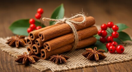 Aromatic Cinnamon Sticks Bundle with Star Anise and Berries - Rustic autumnal scene. Warm spices, nature's bounty, holiday cheer, cozy comfort, and natural aroma
