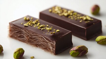A stack of chocolate bars with a pistachio filling, placed on a marble surface, showcasing an appealing combination of flavors.