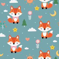 Seamless pattern background of fox in a cute style.