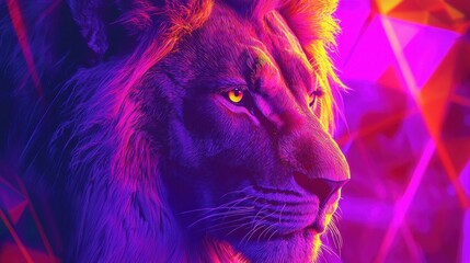 A vivid representation of a lion highlighted with bold colors and geometric shapes creates a captivating visual effect. The artwork emphasizes the power and majesty of this iconic animal