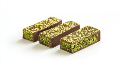 Obraz premium A stack of chocolate bars with a pistachio filling, placed on a marble surface, showcasing an appealing combination of flavors.