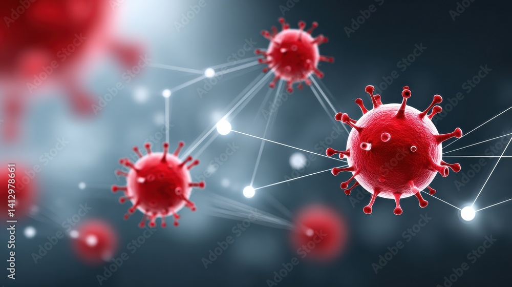 Poster a digital illustration of red virus cells interconnected by lines, representing the structure and sp