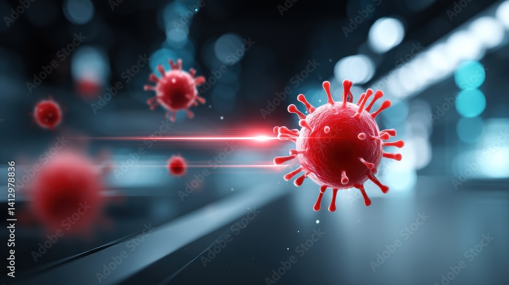 Poster a stylized representation of a virus, depicted in vibrant red, illustrating its structure and moveme