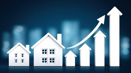 The image depicts a series of houses alongside an upward arrow, symbolizing growth in the real estate market.