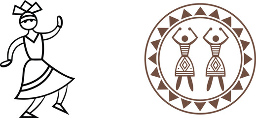 Traditional African Dancers Simple Line Art And Ethnic Ornament Illustration