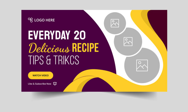 Food recipe daily tips and tricks video cover banner design, delicious food recipe tips and tricks video cover banner design, editable vector eps 10 file format