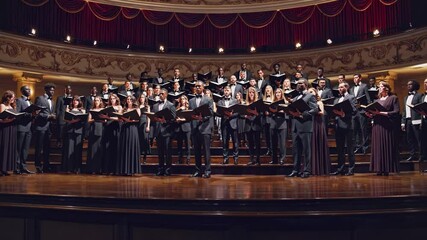 Wide-angle shot of a choir performing on a grand stage, capturing the elegance and harmony in a classical concert video setting.Live desktop wallpaper.
