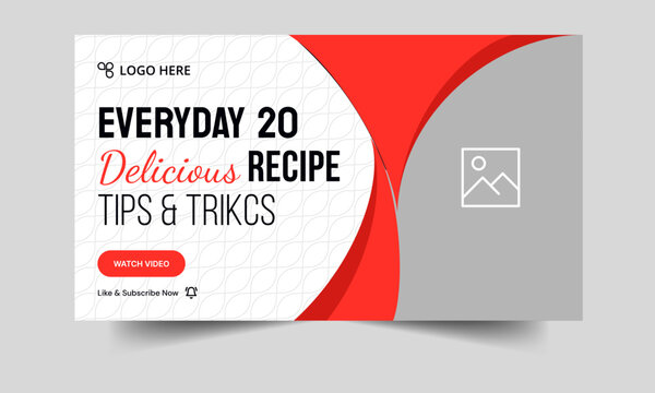Food recipe daily tips and tricks video cover banner design, delicious food recipe tips and tricks video cover banner design, editable vector eps 10 file format