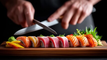 Chef?s hands preparing colorful sushi rolls on wooden board with perfect composition, ideal for gourmet food content, precision, and culture, copyspace for text - traditional