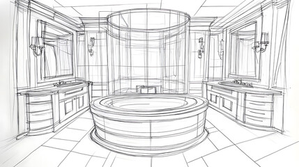 Fototapeta premium Perspective sketch of a bathroom interior featuring a large round tub and symmetrical vanity setups.