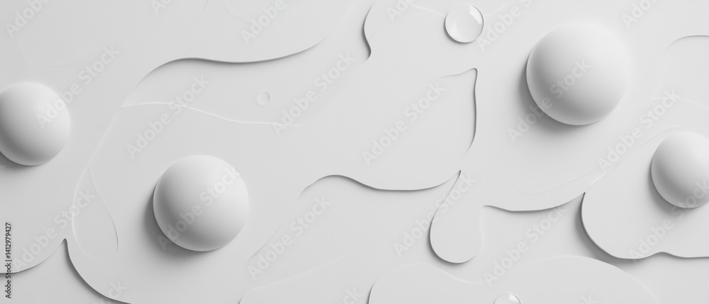 Poster minimalist white abstract background with spheres and fluid shapes, creating a clean and modern back